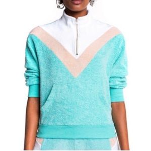 Wildfox Colorblock Soto Warm Up Teddy B Fleece in Trance Teal Sweater Size M NEW